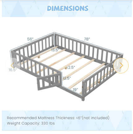 Full Size Floor Bed for Kids with Safety Guardrails, Solid Wood with Removable Door-White. ( 1 Box)