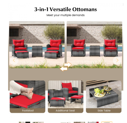 3 Piece Patio Rattan Chair, Ottoman and Side Table (See Notes)