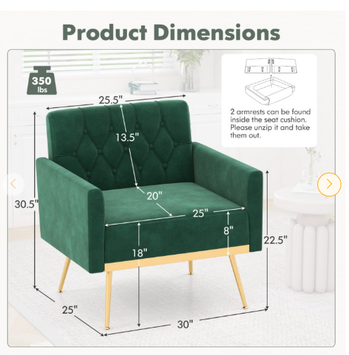 Wide Velvet Accent Chair with Button Tufted Back Golden Metal Legs