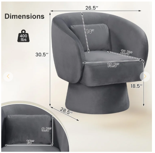 Swivel Accent Chair Upholstered Barrel Chair with Curved Back and Removable Lumbar Pillow