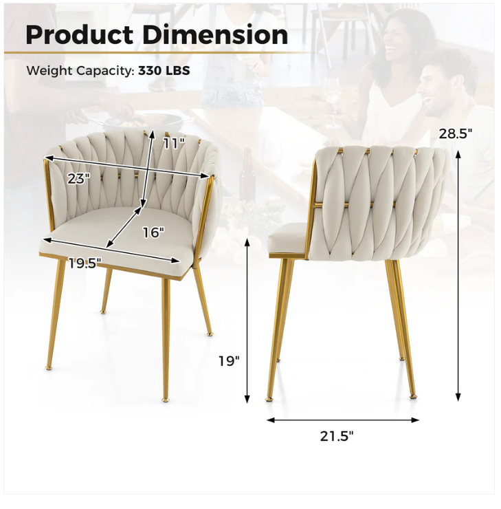 Set of 2 Upholstered Dining Chair w/ Curved Backrest and Metal Tubes-Cream