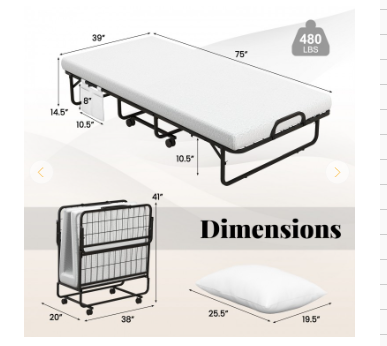 Cot/Twin Size Folding Bed with Memory Foam Mattress and Pillow (see Description)