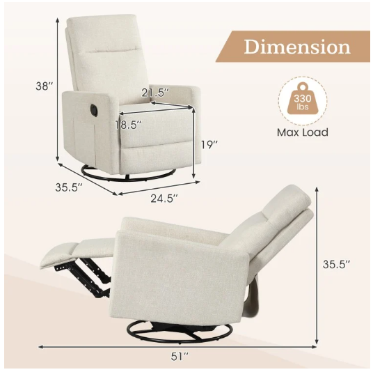 Swivel Rocking Chair 360° Reclining Rocker Armchair with Cushioned Back - (Slightly Marked)