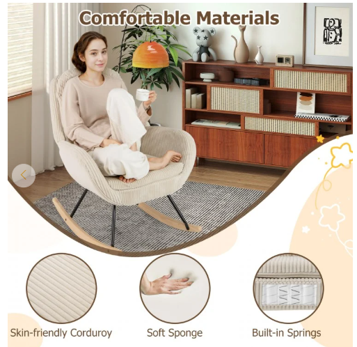 Upholstered Rocking Chair Nursery Glider Rocker with Padded Backrest and Seat-Beige