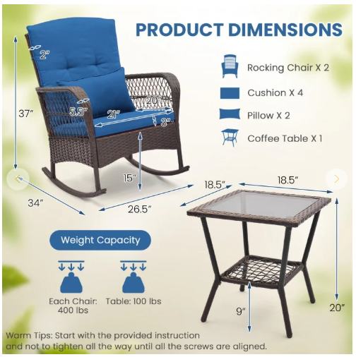 3 Pieces Rocking Bistro Set with 2-Tier Coffee Table - Navy (Fully Assembled)