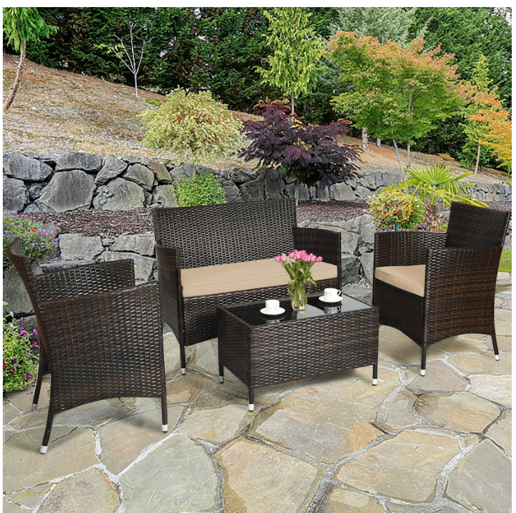 4 Pieces Rattan Sofa Set with Glass Coffee Table-Light Brown - *UNASSEMBLED/IN BOX*