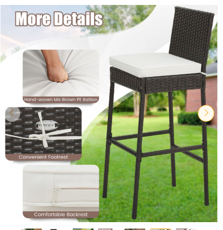 2 Pieces Patio Cushioned Wicker Barstools with Cozy Footrest