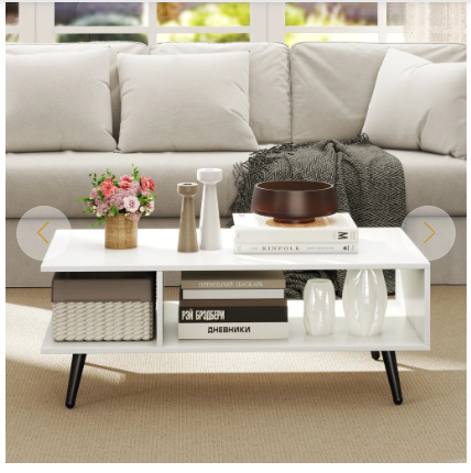 Mid Century Modern Rectangle Coffee Table 2-Tier Accent Table with 2 Open Compartments-White (Scratch and Dent)