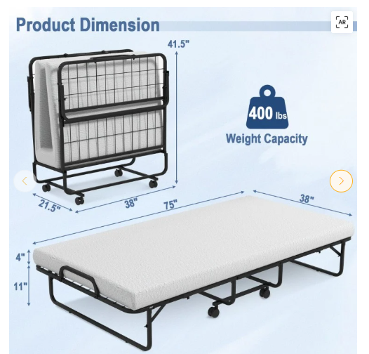 Twin Size Metal Folding Bed with Memory Foam Mattress, (1 Box, Unassembled