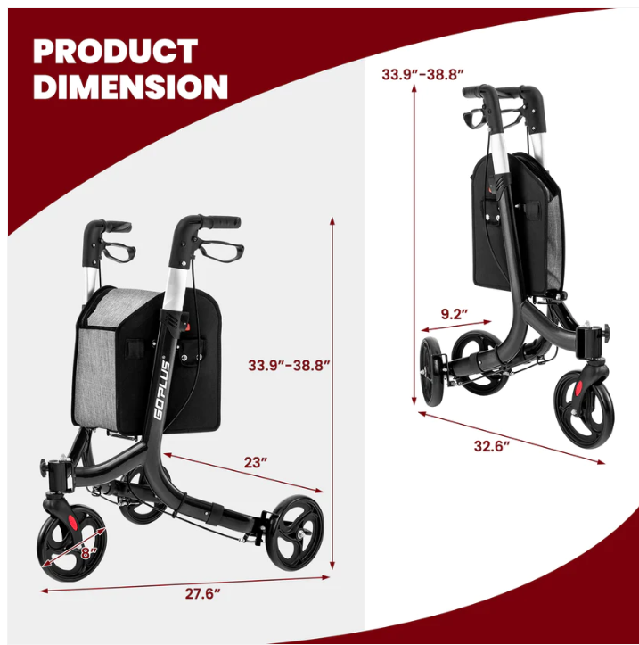 3-Wheel Rolling Walker with Adjustable Handle-Black
