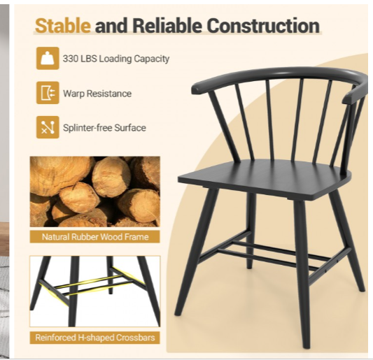 Windsor Dining Chair Set of 2 Mid-Century Modern Black Kitchen Chairs-Black