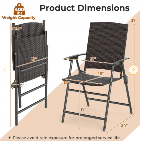 Set of 2 - Folding Patio Wicker Dining Chairs with Armrests and Metal Frame