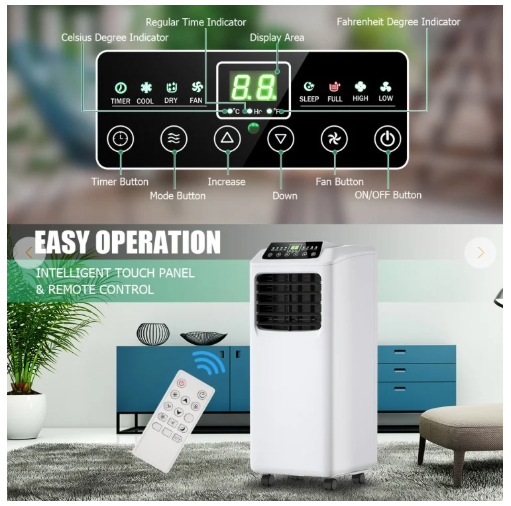 9000 BTU Portable Air Conditioner with Built-in Dehumidifier and Remote Control
