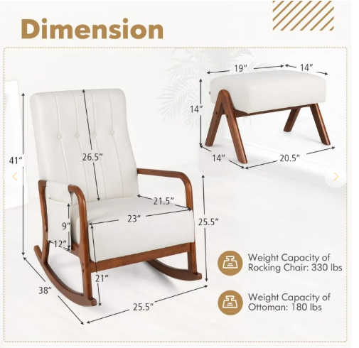 Rocking Chair with Ottoman and Padded Cushion, White (Fully Assembled)