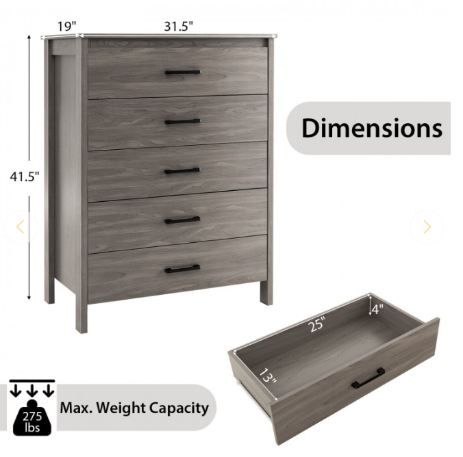 Modern 5-Drawer Multipurpose Chest Dresser with Metal Handles - Scratch and Dent