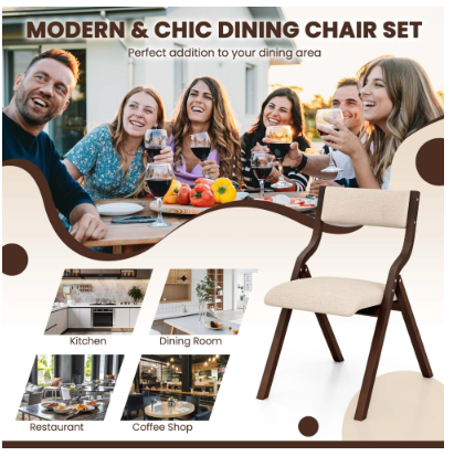 Set of 2 Wooden Folding Dining Chair with Linen Fabric Padded Seat and Backrest-Coffee