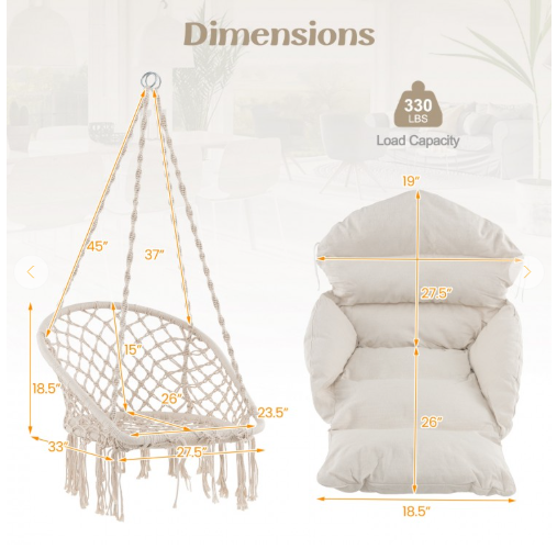 Hammock Chair with Thick Cushion and Macrame Holds up to 330 LBS