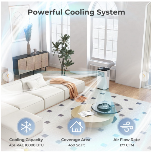 8000 BTU(Ashrae) 3-in-1 Portable Air Conditioner with Remote Control (1 Box)