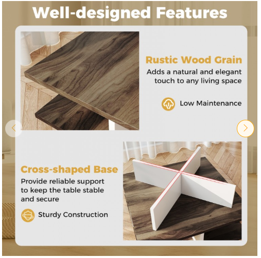 2-Tier Square Coffee Table with 4 Storage Compartments-Walnut (Fully Assembled)