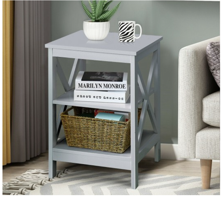 3-tier Side Table Nightstand with Stable Structure- Gray  (Fully Assembled)