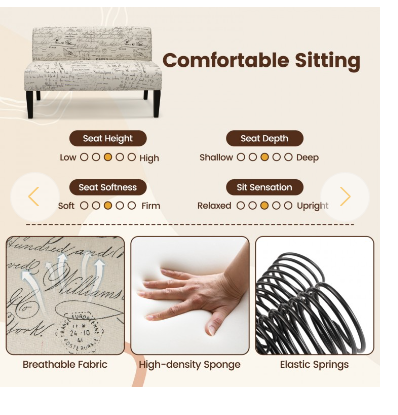 Armless Loveseat Sofa with Backrest, Spring Cushion Support