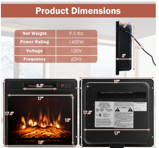 18 Inch Electric Fireplace Inserted with Adjustable LED Flame-Black