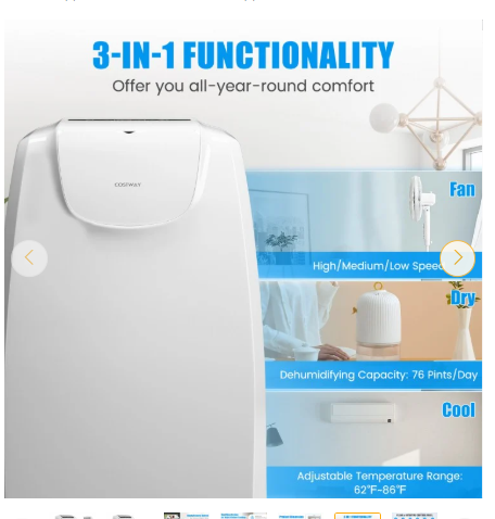 12000 BTU Dual Hose Portable Air Conditioner with Remote Control-White