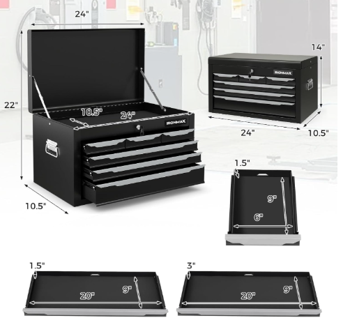 IRONMAX 6 Drawer Tool Box, 24" Lockable Toolbox with Top Tray (Scratch and Dent)