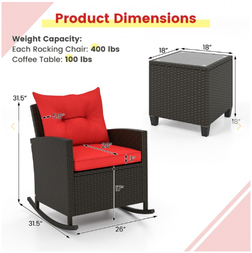 3-Piece Patio Rattan Rocker Chairs with Glass Table, Red (Fully Assembled)