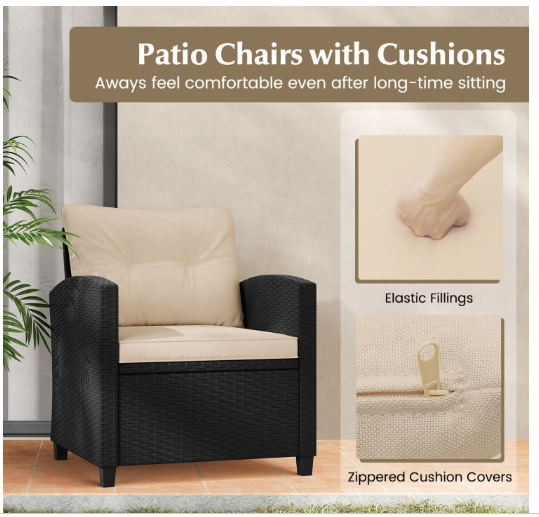 3 Pieces Rattan Patio Conversation Set with Coffee Table-Beige, (Fully Assembled)
