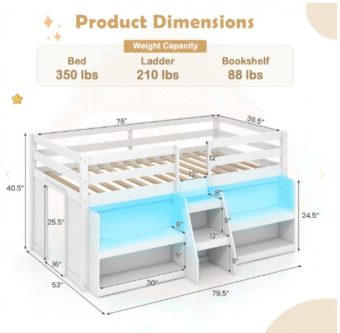 Twin Size Loft Bed with LED Lights with Staircase and Safety Guardrail (1 Box)