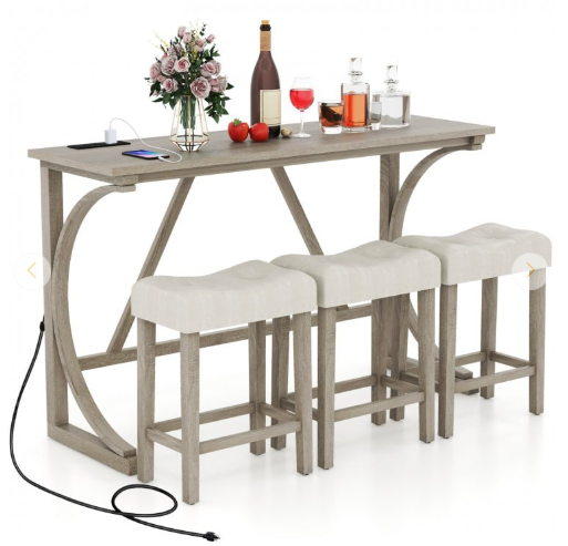 4-Piece Bar Table Set with Power Outlet and Upholstered Saddle Seat Stools (Fully Assembled)