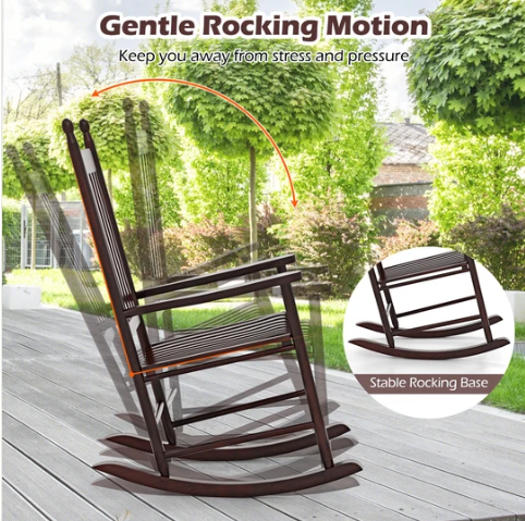 High-Back Acacia Wood Outdoor Rocking Chair with Solid Rocking Base-Brown (Assembled)