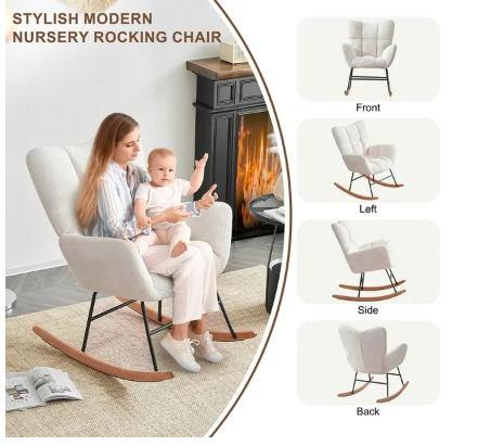 Linen Rocking Chair with High Backrest and Padded Armrests - Beige