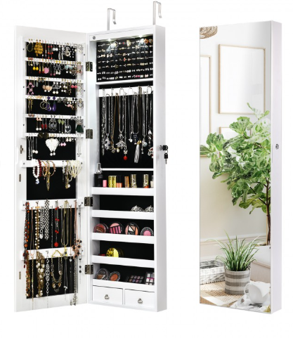 Lockable Wall Mount Mirrored Jewelry Cabinet with LED Lights-White