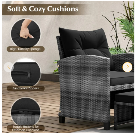 5 Piece Patio Rattan Furniture with 2 Ottomans and Tempered Glass Coffee Table-Black (Assembled)