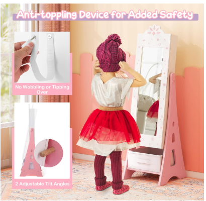 Kids Jewelry Armoire Cabinet, 43.5" with Full-Length Mirror (Assembled)