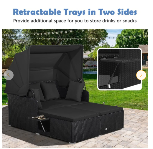 Patio Rattan Daybed with Retractable Canopy and Side Tables-Black (1 box unassembled)