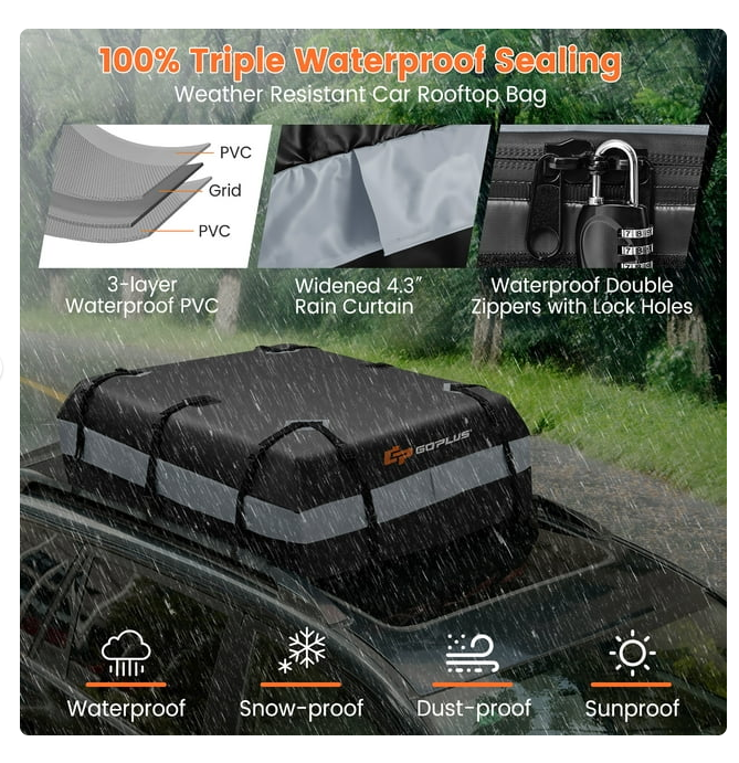 15 Cubic Feet Car Rooftop Cargo Bag - Waterproof Luggage Bag with Lock