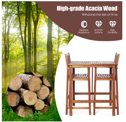 3PCS Bar Set Acacia Wood Bar Height Patio Bistro Dining Set Outdoor [Scratch and Dent] (Assembled)