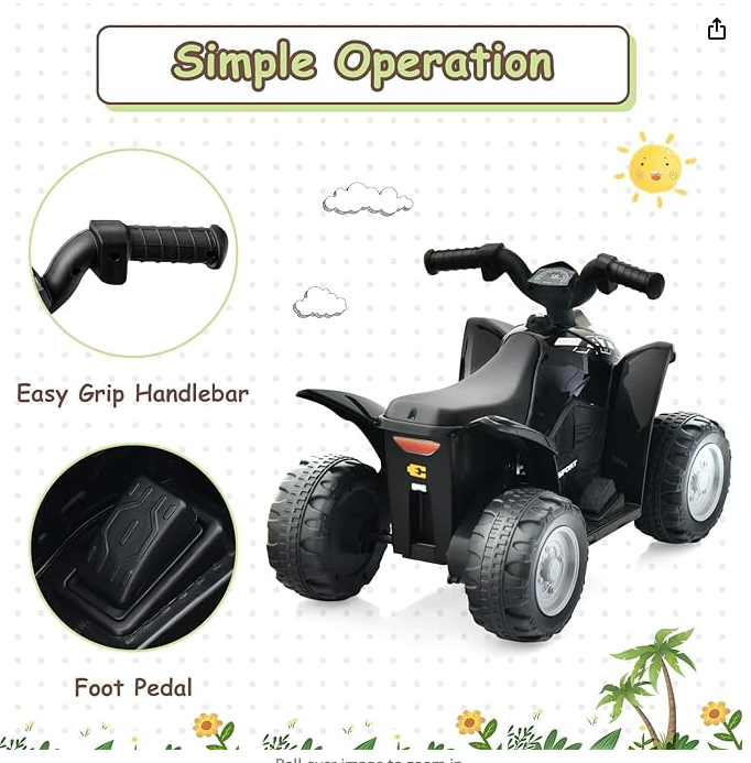 Kids Ride On ATV, 6V Electric Vehicle for Toddlers, - (Black)