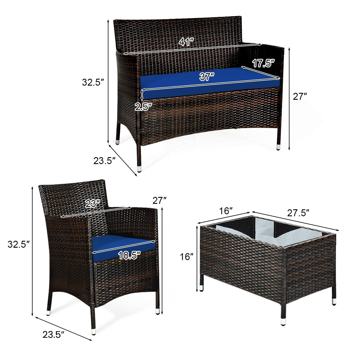 4 Pieces Rattan Sofa Set with Glass Table for Outdoor Patio-Navy (Fully Assembled)