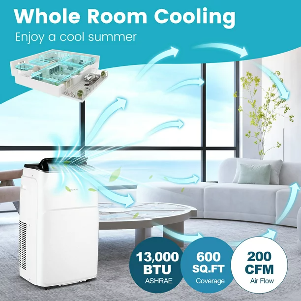 13,000 BTU Portable Air Conditioner 4-in-1 AC Unit Cools 250 Sq.Ft. with Remote, Heat, Dehumidifier & Fan Mode in White