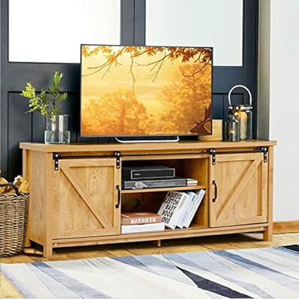 TV Stand with Sliding Barn Door for TVs Up to 65 Inch, Fully Assembled