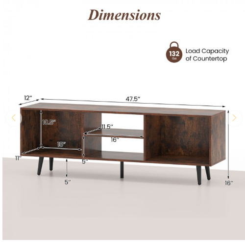 47.5 Inches Tv Stand For 55-Inch Tv With Compartments And Metal Legs-Brown