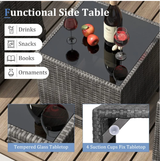3 Pieces Outdoor Wicker Conversation Set with Tempered Glass Tabletop-Grey(Manufactures Error) (Assembled)