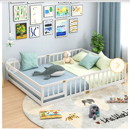 SPECIAL - Queen Size Montessori Floor Bed Frame with Full Length Safety Guardrails-White