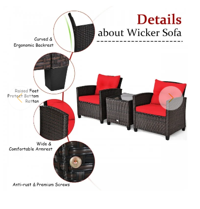 3 Piece Patio Rattan Furniture Set- RED, Fully Assembled