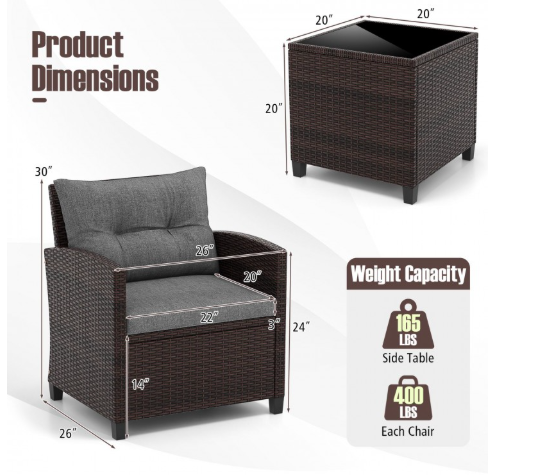 3 Pieces Cushioned Rattan Patio Conversation Set with Coffee Table-Grey (Assembled)