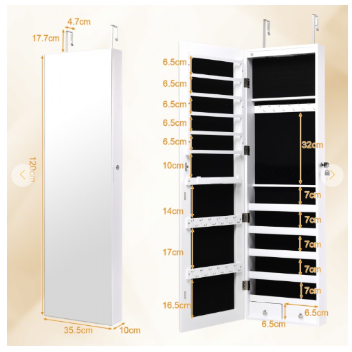 Lockable Wall Mount Mirrored Jewelry Cabinet with LED Lights-White